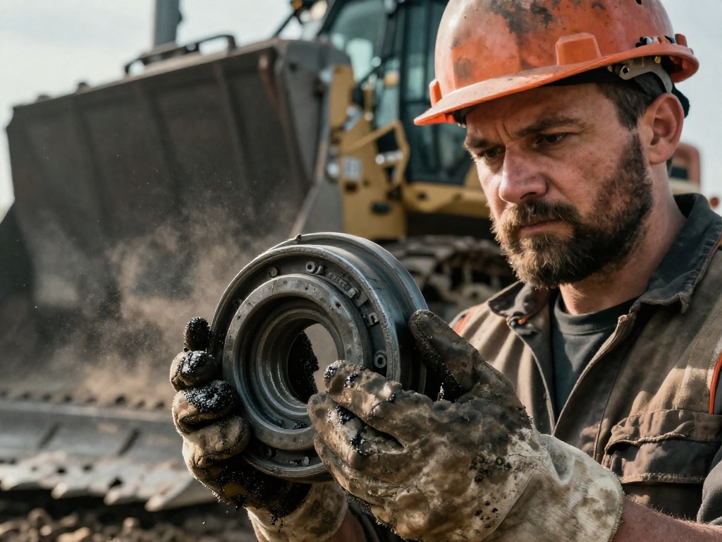 Опытный механик в каске осматривает изношенную подушку Caterpillar 235-5027, видны трещины и старение резины на фоне гусеницы бульдозера.