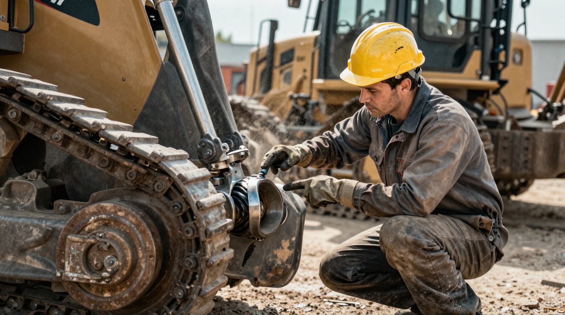 Механик показывает место установки подушки Caterpillar 235-5027 на гусеничной тележке бульдозера